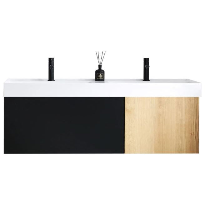 Karton Republic Lugano 55" Matte Black Glass/Maple Wall Mount Modern Bathroom Vanity w/ SInk VALUGMB55WM