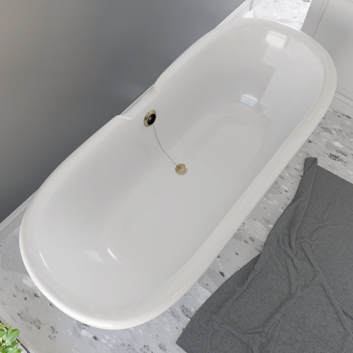 Cambridge Plumbing Dolomite Mineral Composite Double Ended Clawfoot Tub with No Faucet Holes, Antique Brass Feet and Drain Assembly ES-DE69-NH-AB