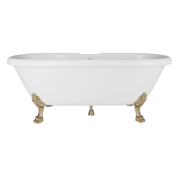 Cambridge Plumbing Dolomite Mineral Composite Double Ended Clawfoot Tub with No Faucet Holes, Antique Brass Feet and Drain Assembly ES-DE69-NH-AB