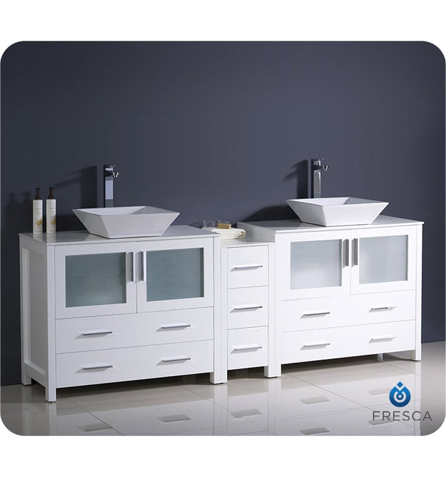 Fresca Torino 84" White Modern Double Sink Bathroom Cabinets w/ Tops & Vessel Sinks FCB62-361236WH-CWH-V
