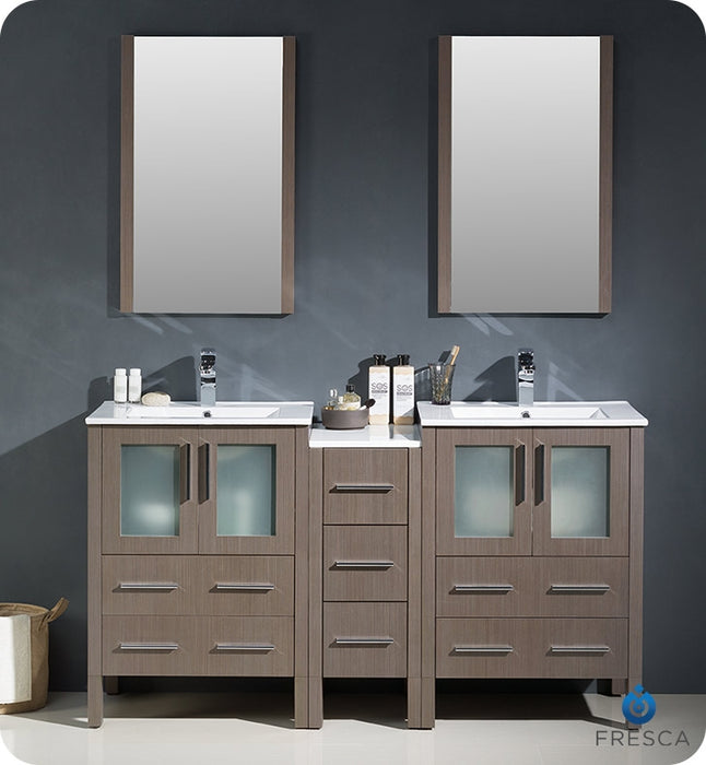 Fresca Torino 60" Gray Oak Modern Double Sink Bathroom Vanity w/ Side Cabinet & Integrated Sinks FVN62-241224GO-UNS