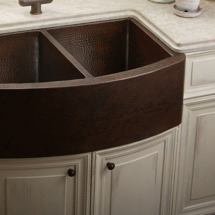 Novatto Redondeado Copper Curved Double Bowl Kitchen Sink, Antique TCK-009AN