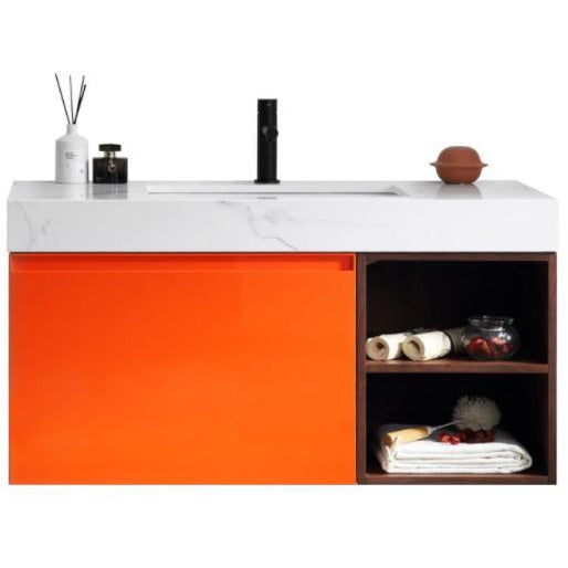 Karton Republic Manarola 42" Red Amber With Thick Quartz Wall Mount Modern Bathroom Vanity w/ Sink (Open Shelves) VAMANRA42WMQZ