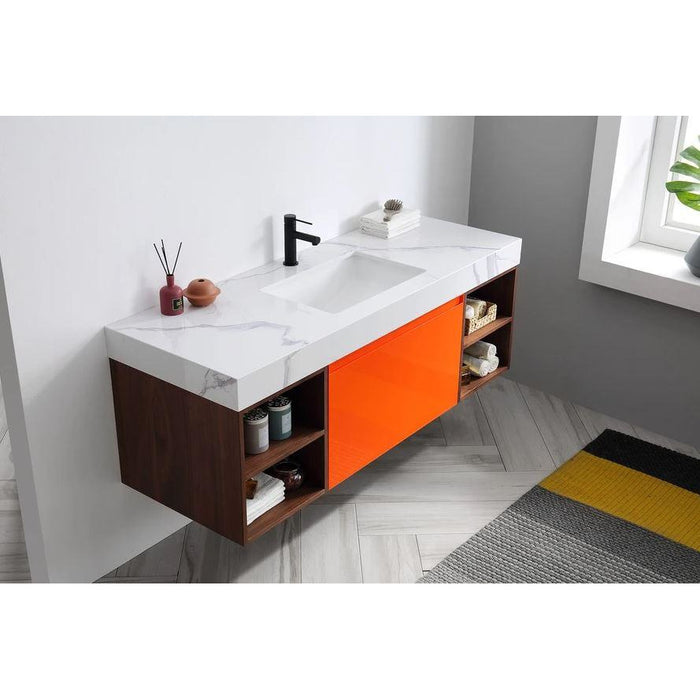 Karton Republic Manarola 60" Red Amber With Thick Quartz Wall Mount Modern Bathroom Vanity w/ Sink (Open Shelves) VAMANRA60WMQZ