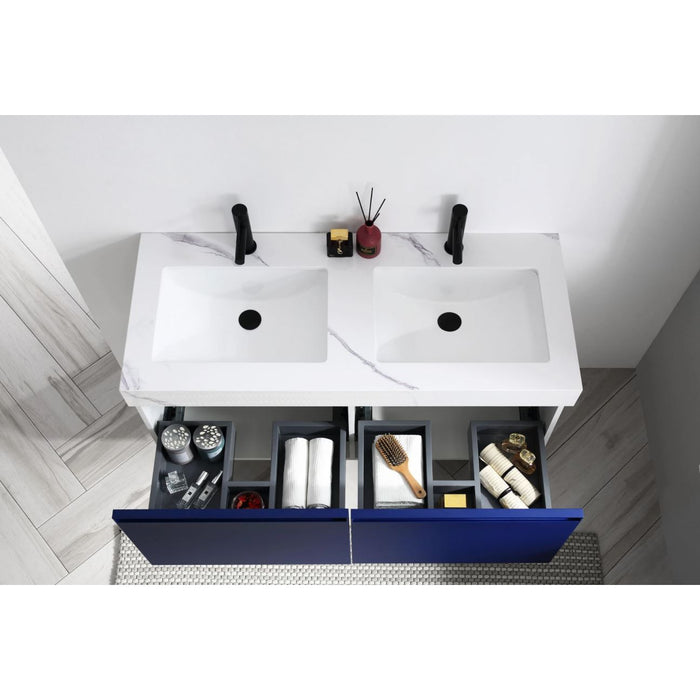 Karton Republic Manarola 48" Navy Blue With Thick Quartz Wall Mount Modern Bathroom Vanity w/Sink VAMANNB48WMQZ