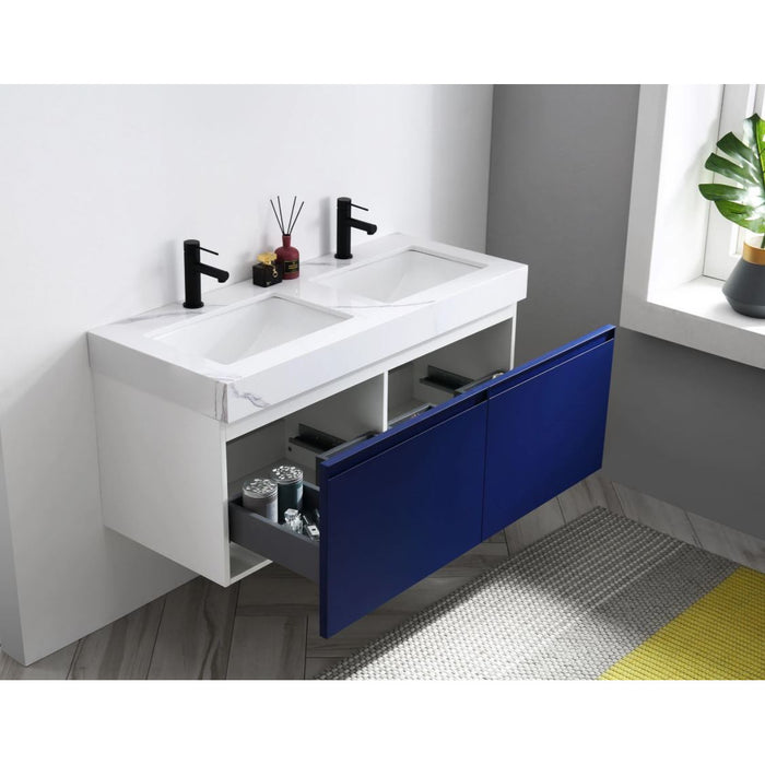 Karton Republic Manarola 48" Navy Blue With Thick Quartz Wall Mount Modern Bathroom Vanity w/Sink VAMANNB48WMQZ