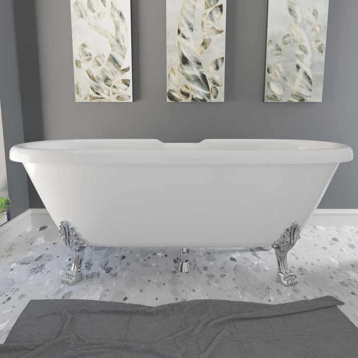 Cambridge Plumbing Dolomite Mineral Composite Double Ended Clawfoot Tub with No Faucet Holes, Polished Chrome Feet and Drain Assembly ES-DE69-NH-CP