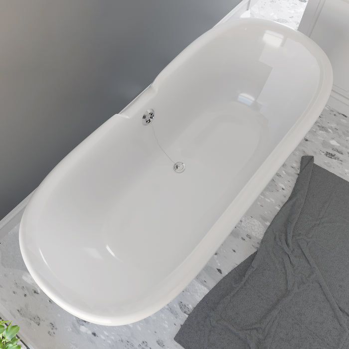 Cambridge Plumbing Dolomite Mineral Composite Double Ended Clawfoot Tub with No Faucet Holes, Polished Chrome Feet and Drain Assembly ES-DE69-NH-CP