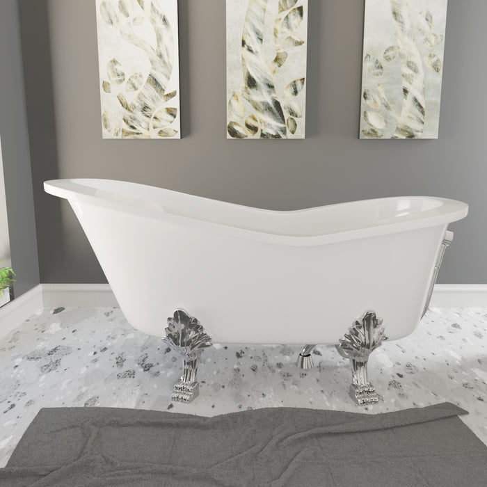 Cambridge Plumbing Dolomite Mineral Composite Clawfoot Slipper Tub with Polished Chrome Feet and Drain Assembly 62 x 30 ES-ST62-NH-CP