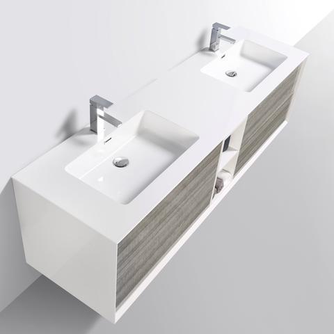 Eviva Vienna 75″ Ash w/ White Frame Wall Mount Double Sink Bathroom Vanity w/ White Integrated Top EVVN777-75ASH-WH