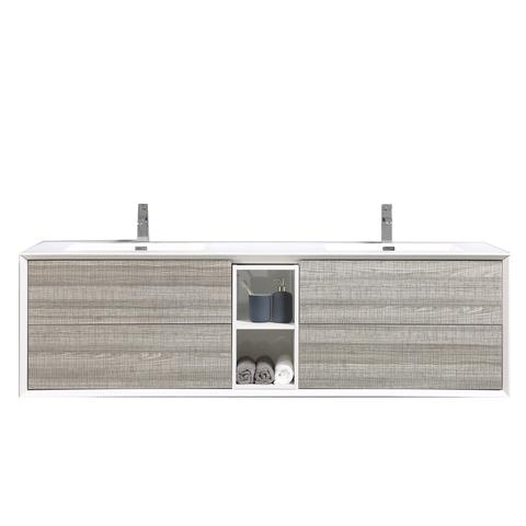 Eviva Vienna 75″ Ash w/ White Frame Wall Mount Double Sink Bathroom Vanity w/ White Integrated Top EVVN777-75ASH-WH