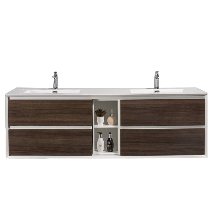 Eviva Vienna 75″ Gray Oak w/ White Frame Wall Mount Double Sink Bathroom Vanity w/ White Integrated Top EVVN777-75GOK-WH