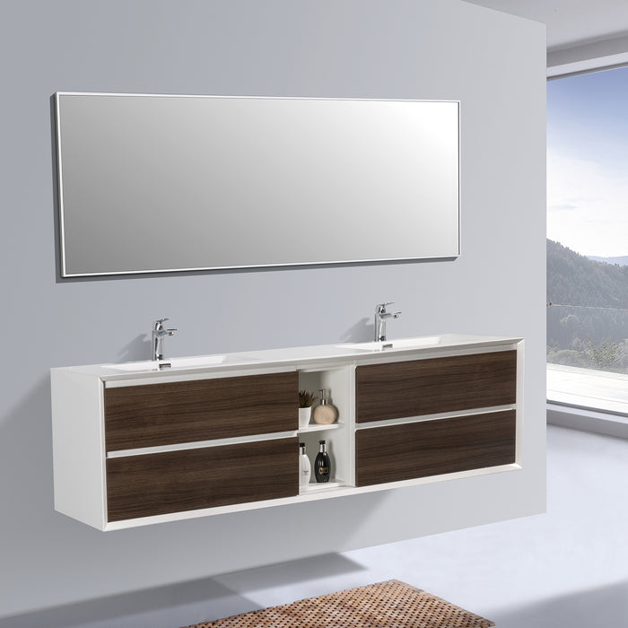 Eviva Vienna 75″ Gray Oak w/ White Frame Wall Mount Double Sink Bathroom Vanity w/ White Integrated Top EVVN777-75GOK-WH