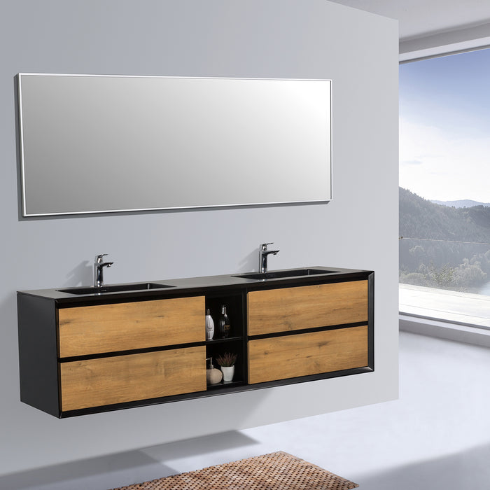 Eviva Vienna 75″  Oak w/ Black Frame Wall Mount Double Sink Bathroom Vanity w/ Black Integrated Top EVVN777-75OAK-BL