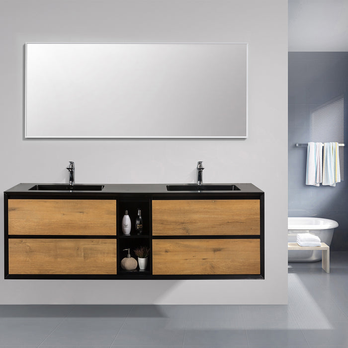 Eviva Vienna 75″  Oak w/ Black Frame Wall Mount Double Sink Bathroom Vanity w/ Black Integrated Top EVVN777-75OAK-BL