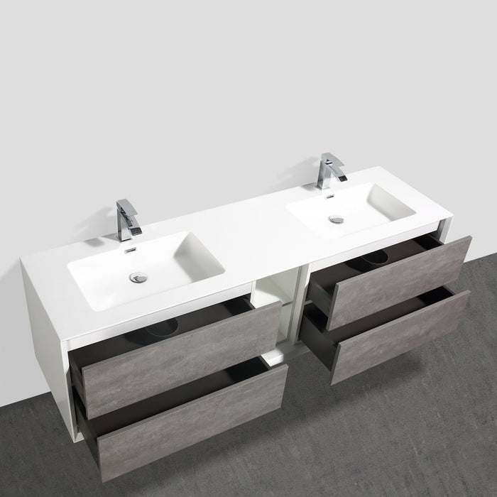 Eviva Vienna 75″ Cement Gray w/ White Frame Wall Mount Double Sink Bathroom Vanity w/ White Integrated Top EVVN777-75CGR-WH
