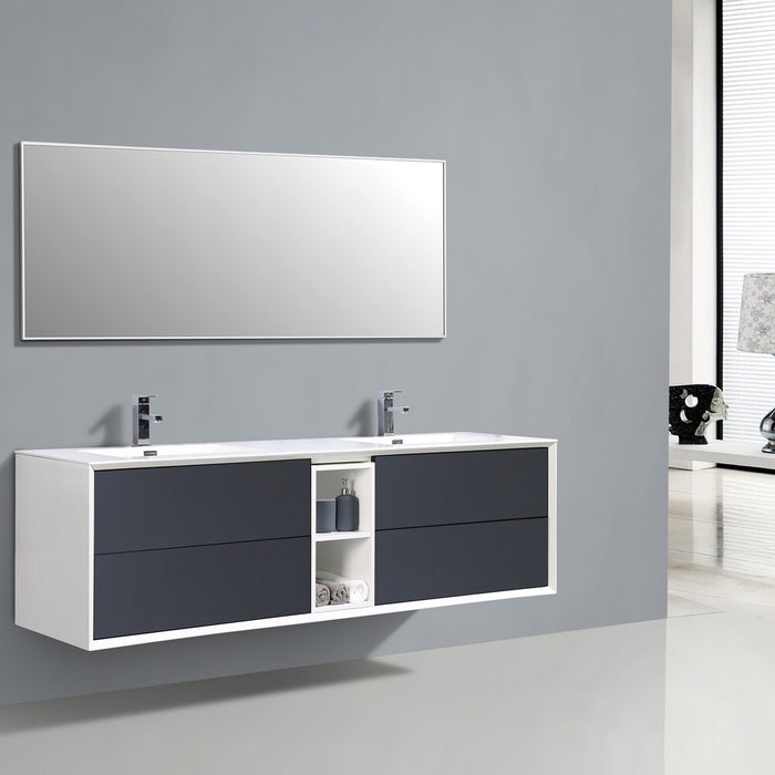 Eviva Vienna 75″ Gray w/ White Frame Wall Mount Double Sink Bathroom Vanity w/ White Integrated Top EVVN777-75GR-WH