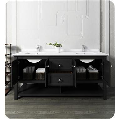 Fresca Manchester 72" Black Traditional Double Sink Bathroom Cabinet w/ Top & Sinks FCB2372BL-D-CWH-U
