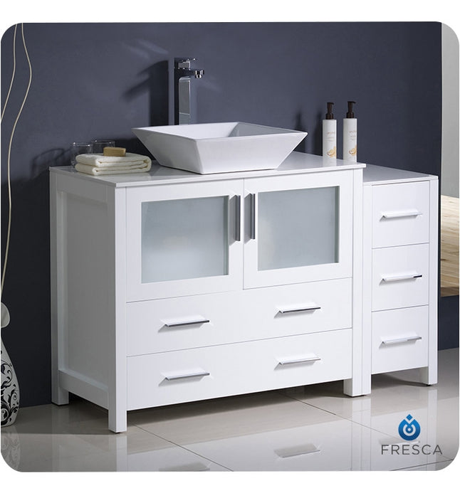 Fresca Torino 48" White Modern Bathroom Cabinets w/ Top & Vessel Sink FCB62-3612WH-CWH-V