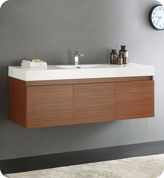 Fresca Mezzo 60" Teak Wall Hung Single Sink Modern Bathroom Cabinet w/ Integrated Sink FCB8041TK-I