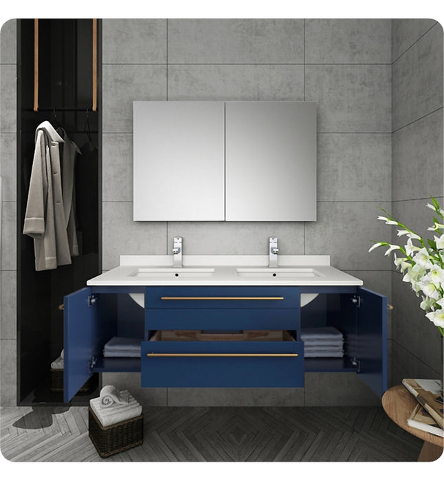 Fresca Lucera 48" Royal Blue Wall Hung Double Undermount Sink Modern Bathroom Vanity w/ Medicine Cabinet FVN6148RBL-UNS-D
