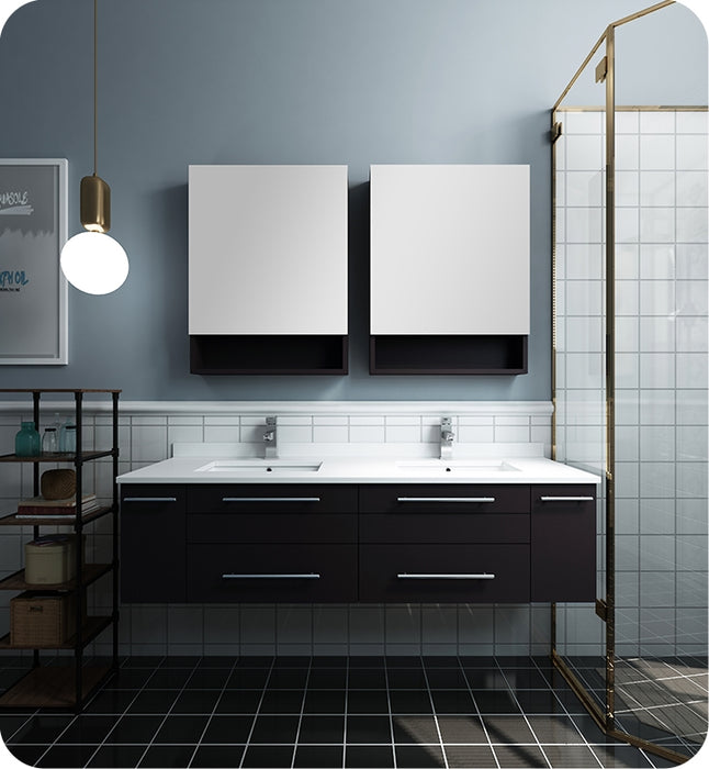 Fresca Lucera 60" White Wall Hung Double Undermount Sink Modern Bathroom Vanity w/ Medicine Cabinets FVN6160WH-UNS-D