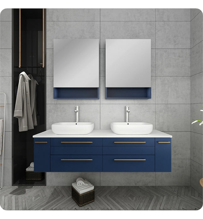 Fresca Lucera 60" Royal Blue Wall Hung Double Vessel Sink Modern Bathroom Vanity w/ Medicine Cabinets FVN6160RBL-VSL-D