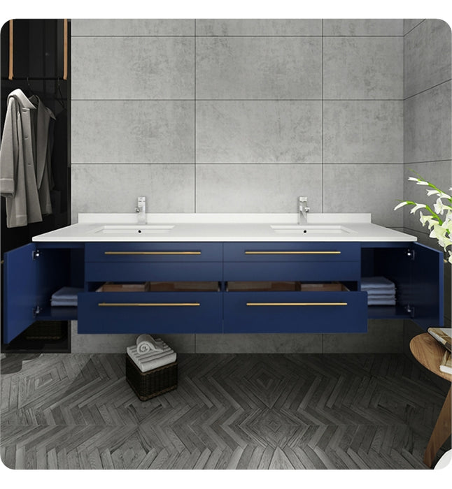 Fresca Lucera 72" Royal Blue Wall Hung Double Undermount Sink Modern Bathroom Vanity w/ Medicine Cabinets FVN6172RBL-UNS-D