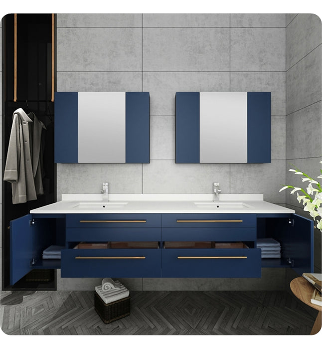 Fresca Lucera 72" Royal Blue Wall Hung Double Undermount Sink Modern Bathroom Vanity w/ Medicine Cabinets FVN6172RBL-UNS-D