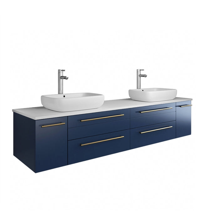 Fresca Lucera 72" Royal Blue Wall Hung Double Vessel Sink Modern Bathroom Vanity w/ Medicine Cabinets FVN6172RBL-VSL-D