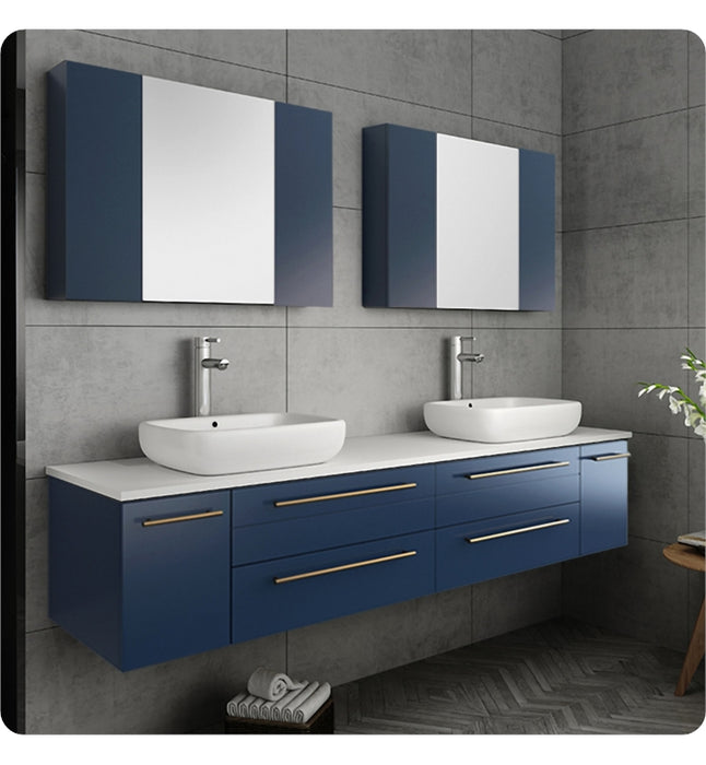 Fresca Lucera 72" Royal Blue Wall Hung Double Vessel Sink Modern Bathroom Vanity w/ Medicine Cabinets FVN6172RBL-VSL-D