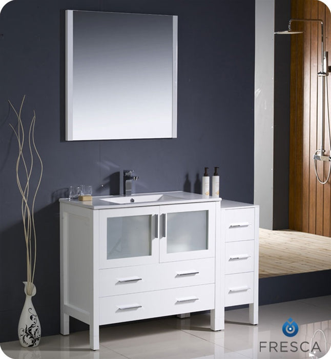 Fresca Torino 48" White Modern Bathroom Vanity w/ Side Cabinet & Integrated Sink FVN62-3612WH-UNS