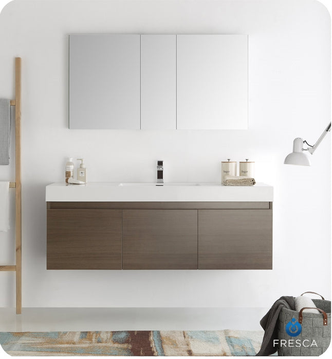 Fresca Mezzo 60" Teak Wall Hung Single Sink Modern Bathroom Vanity w/ Medicine Cabinet FVN8041TK