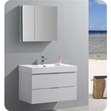 Fresca Valencia 36" Glossy White Wall Hung Modern Bathroom Vanity w/ Medicine Cabinet FVN8336WH