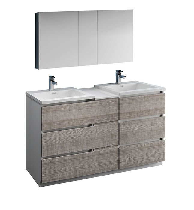 Fresca Lazzaro 60" Rosewood Free Standing Double Sink Modern Bathroom Vanity w/ Medicine Cabinet FVN93-241224RW-D