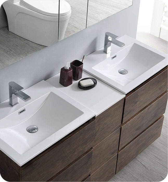 Fresca Lazzaro 60" Rosewood Free Standing Double Sink Modern Bathroom Vanity w/ Medicine Cabinet FVN93-241224RW-D