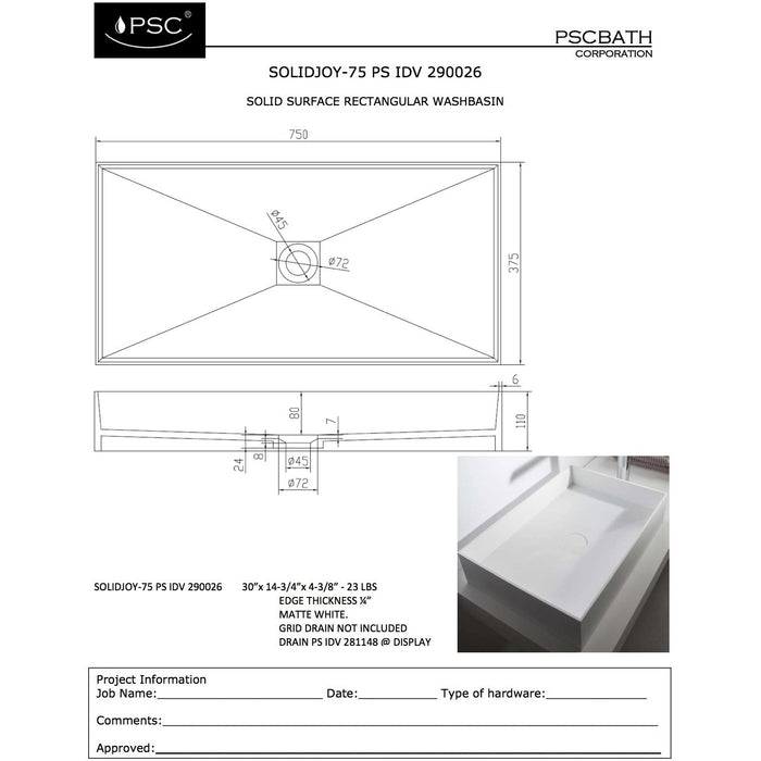 Ideavit Solidjoy-75 Rectangular Vessel Bathroom Sink PS IDV 290026