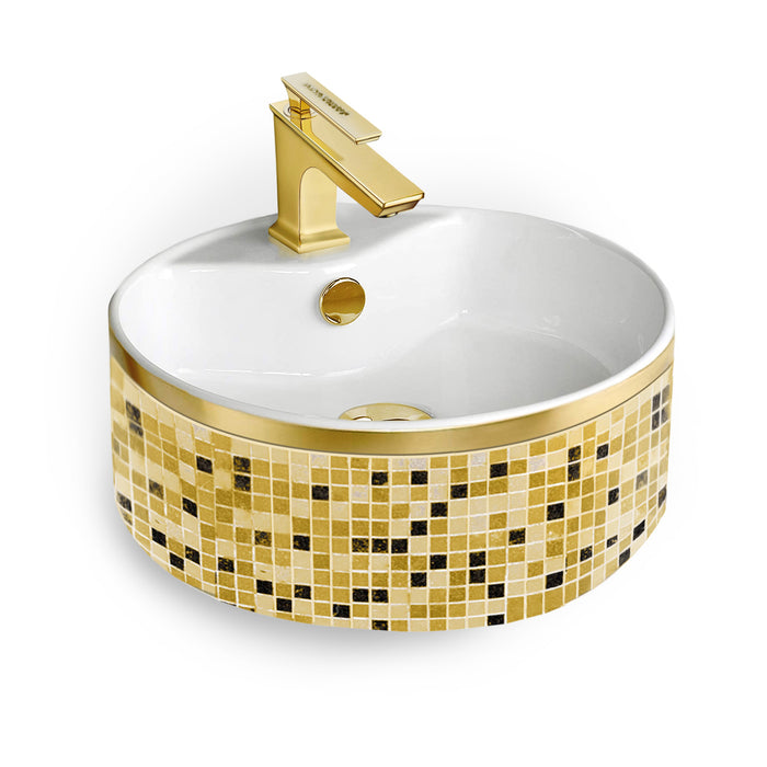 MaisonDePhilip Round Vessel Sink 18" Gold Mosaic Sink and Faucet VS-MOS-22-Fauc