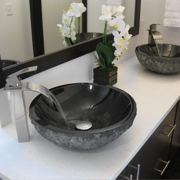 Novatto Absolute Natural Granite Stone Vessel Sink Set, Brushed Nickel NSFC-AN136BN