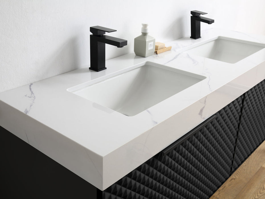Karton Republic Manarola 72” Black Of Night With Thick Quartz Wall Mount Modern Bathroom Vanity VAMANBN72WMQZ