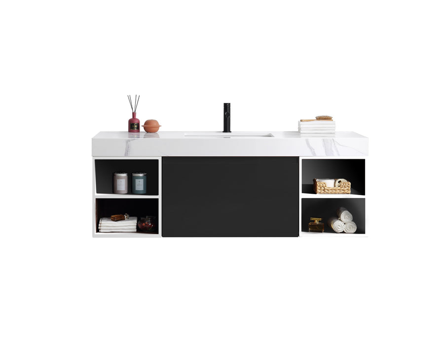 Karton Republic Manarola 60" Matte Black With Thick Quartz Wall Mount Modern Bathroom Vanity w/ Sink (Open Shelves) VAMANMB60WMQZ