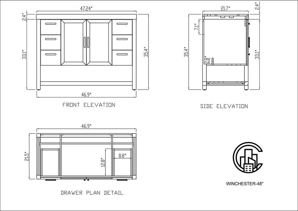 Karton Republic Winchester 48” Pecan Oak Freestanding Modern Bathroom Vanity Black Countertop VAWINPO48FD-B