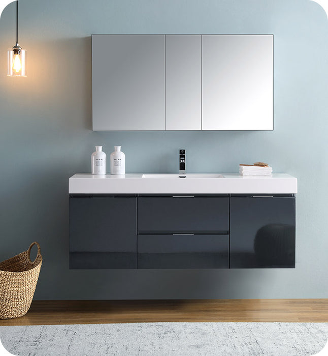 Fresca Valencia 60" Dark Slate Gray Wall Hung Modern Bathroom Vanity w/ Medicine Cabinet FVN8360GG